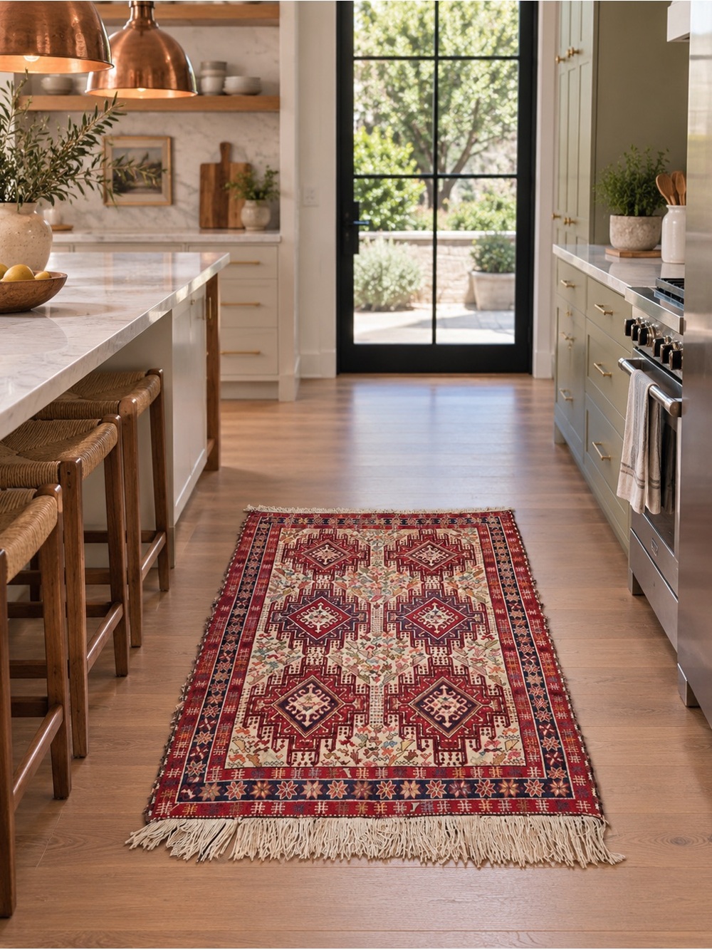 Vintage Geometric Medallion Area Rug Red Cream 77” × 47.5” Tribal Fringe